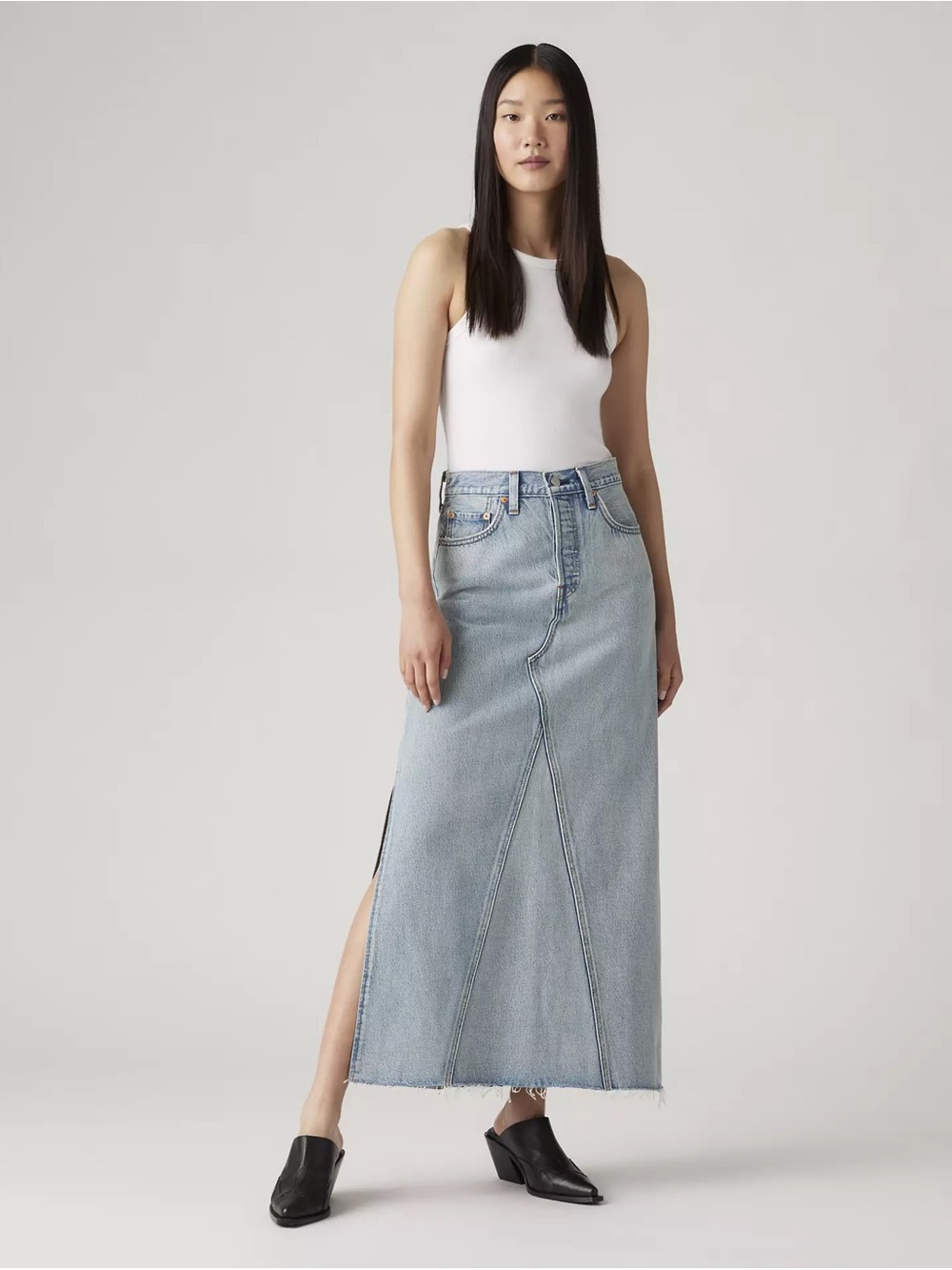 Light Wash Denim Maxi Skirt with Side Slit LEVI